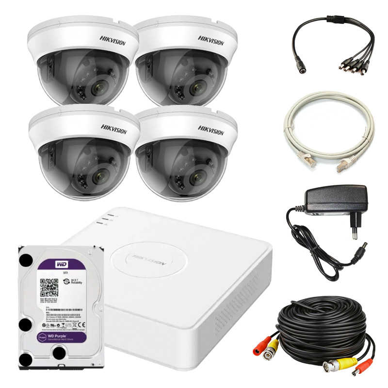 Комплект видеонаблюдения Hikvision 2 MП на 4 купольные камеры и жесткий диск