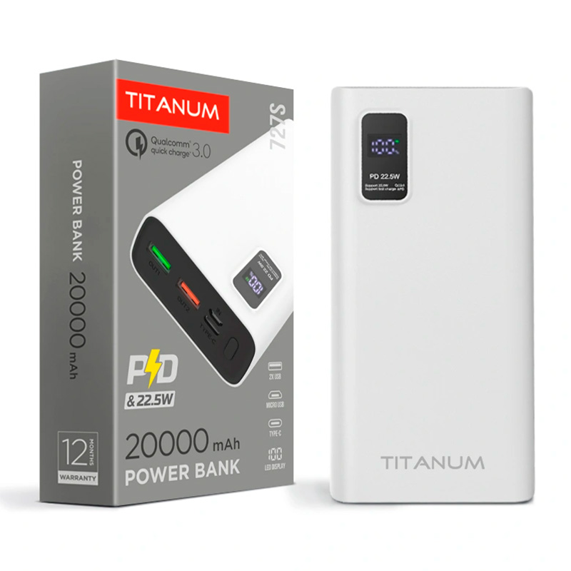Повербанк Videx TITANUM 727S 20000mAh 22.5W білий