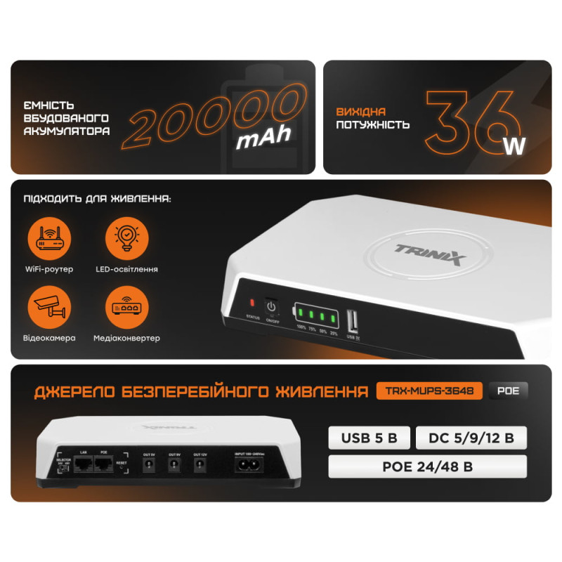 Блок безперебійного живлення Trinix TRX-MUPS-3648PoE (20000мАг LiFePo4) для Wi-Fi роутера і оптичного терміналу