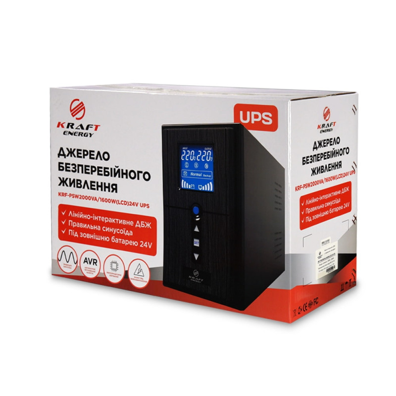 ДБЖ Kraft KRF-PSW2000VA/1600W(LCD)24V UPS під зовнішній акумулятор