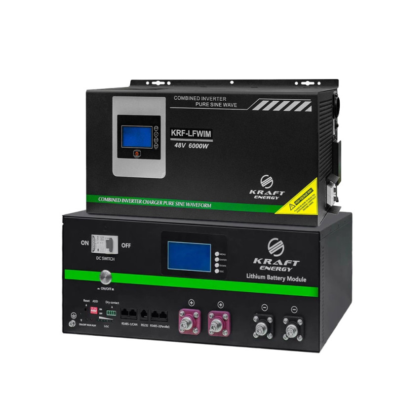 Комплект резервного живлення Kraft KRF-LFWIM-6KW/48V-60A 6kW + LiFePO4 батарея KRF-48/200BRM 10240 Вт-г 